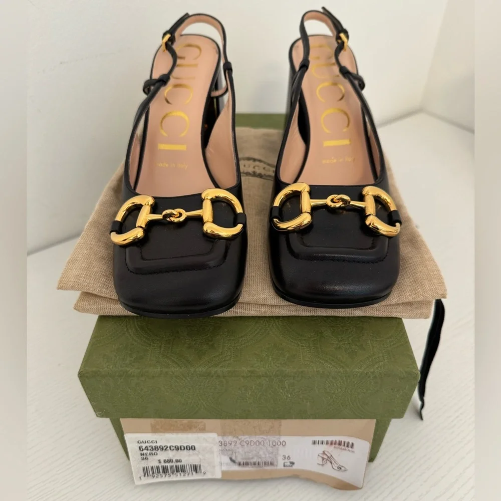 GUCCI Baby Horsebit Slingback Leather Pump Black Gold EU 36 Authentic Shoes - Picture 9 of 11